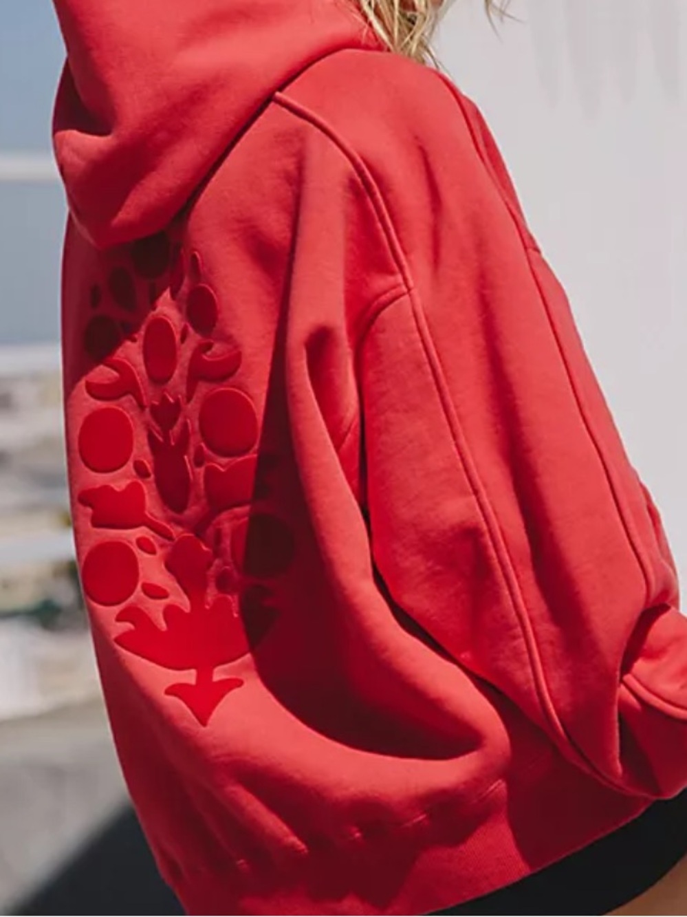FP Movement by Free People A CUT ABOVE FLOCKED BUTI LOGO HOODIE in Rally Red